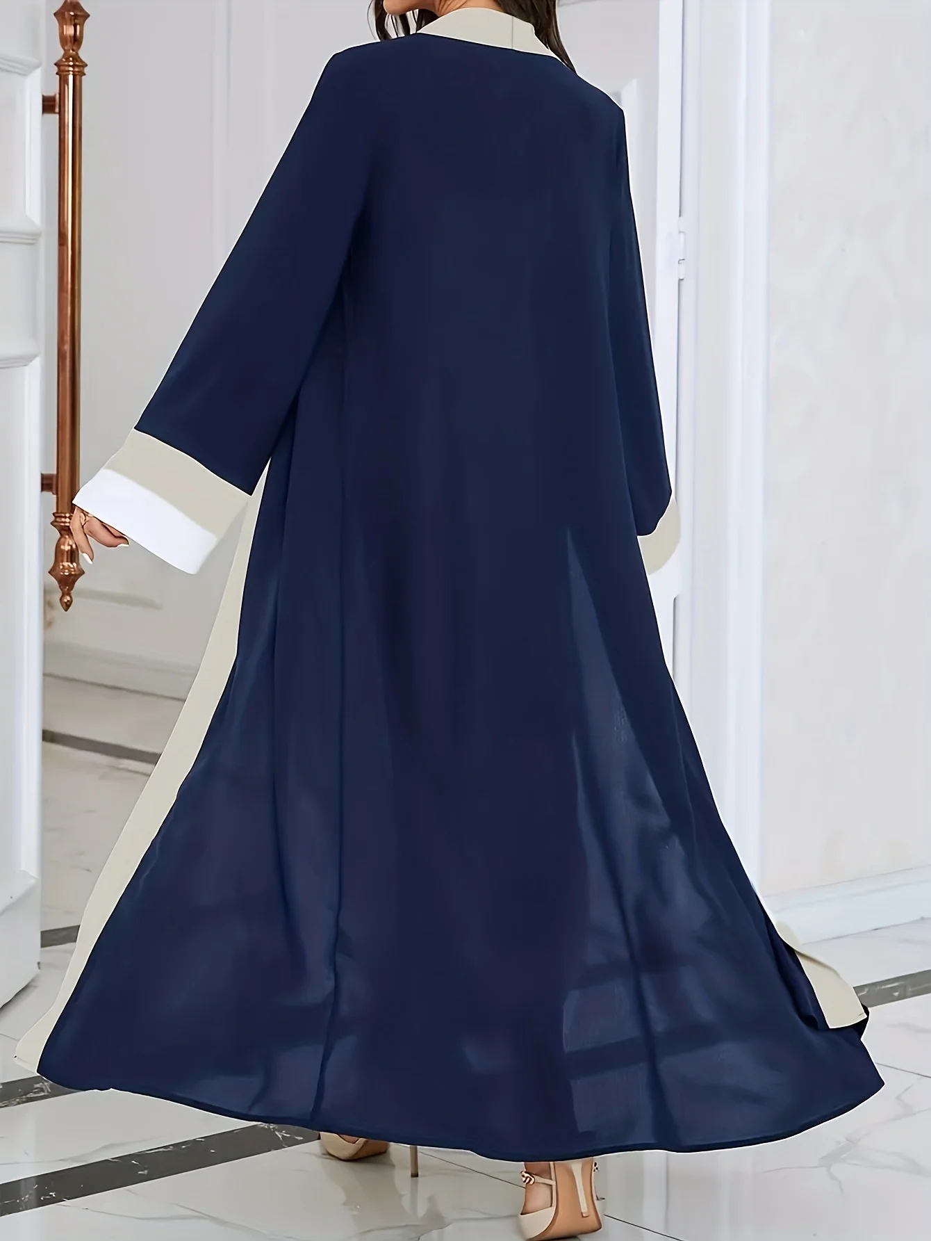 Women's Casual Elegant Ramadan Open-Neck Long-Sleeved Dress Color-Block Slim-Fit Extra-Long Fashionable Muslim Women's Wear