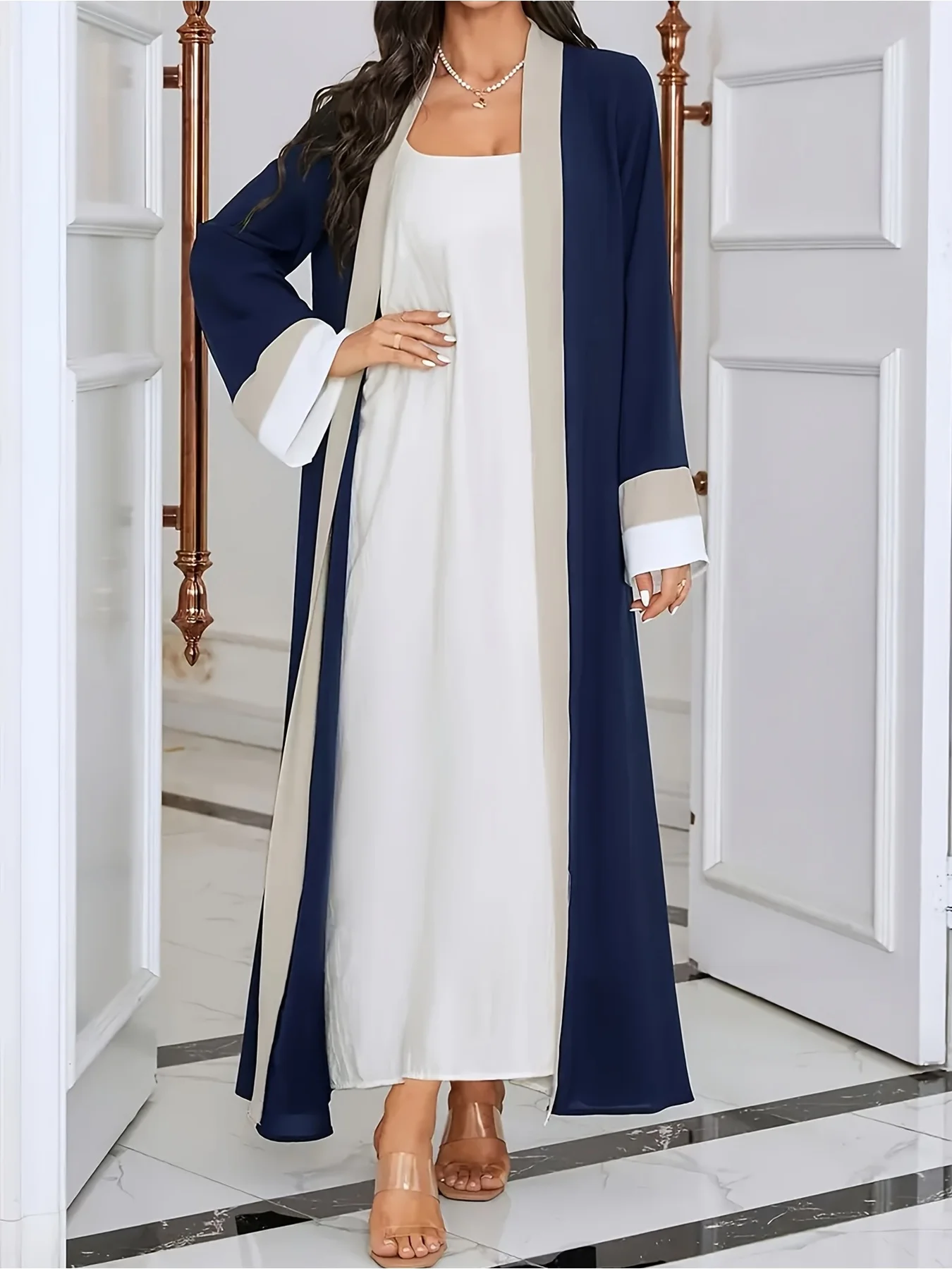 Women's Casual Elegant Ramadan Open-Neck Long-Sleeved Dress Color-Block Slim-Fit Extra-Long Fashionable Muslim Women's Wear