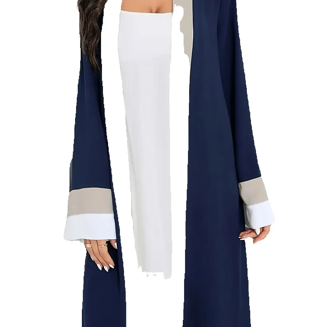 Women's Casual Elegant Ramadan Open-Neck Long-Sleeved Dress Color-Block Slim-Fit Extra-Long Fashionable Muslim Women's Wear