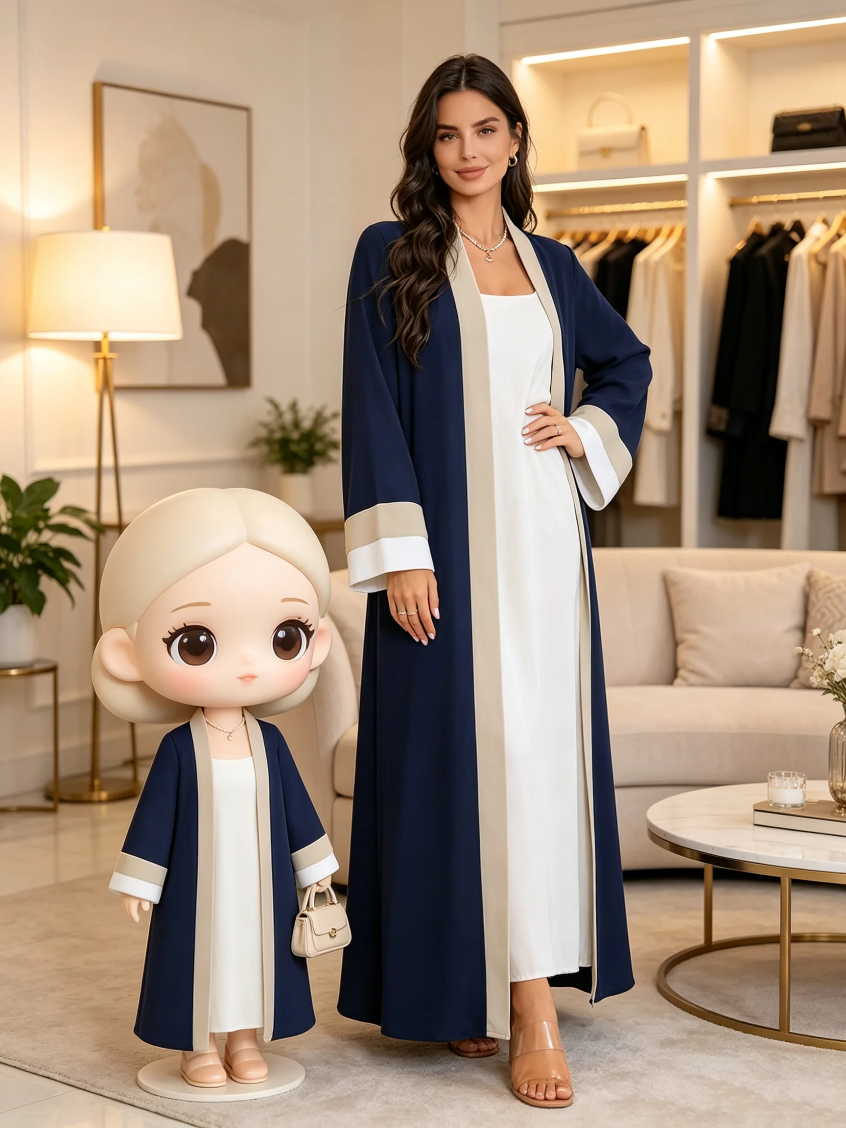 Women's Casual Elegant Ramadan Open-Neck Long-Sleeved Dress Color-Block Slim-Fit Extra-Long Fashionable Muslim Women's Wear
