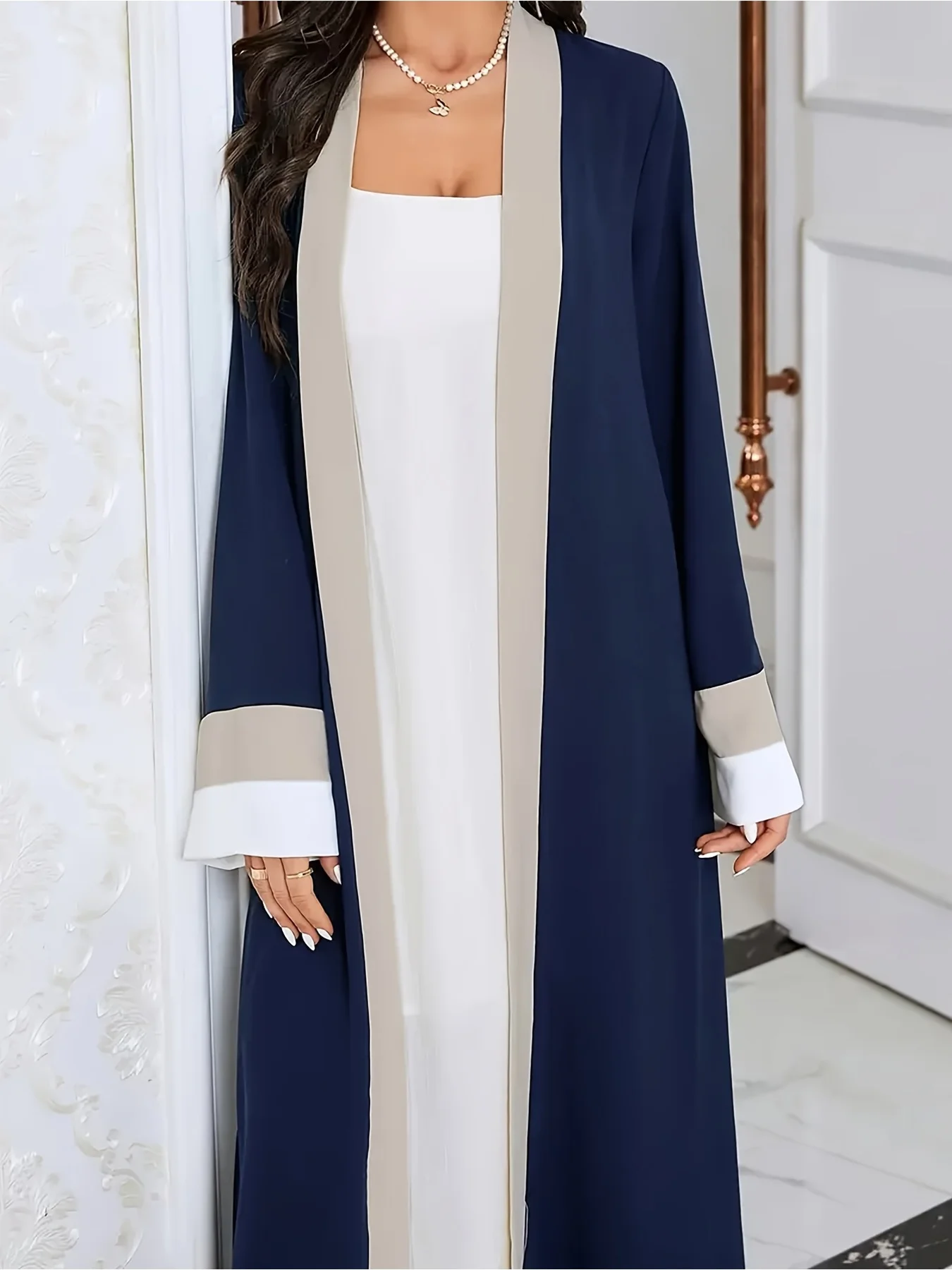Women's Casual Elegant Ramadan Open-Neck Long-Sleeved Dress Color-Block Slim-Fit Extra-Long Fashionable Muslim Women's Wear
