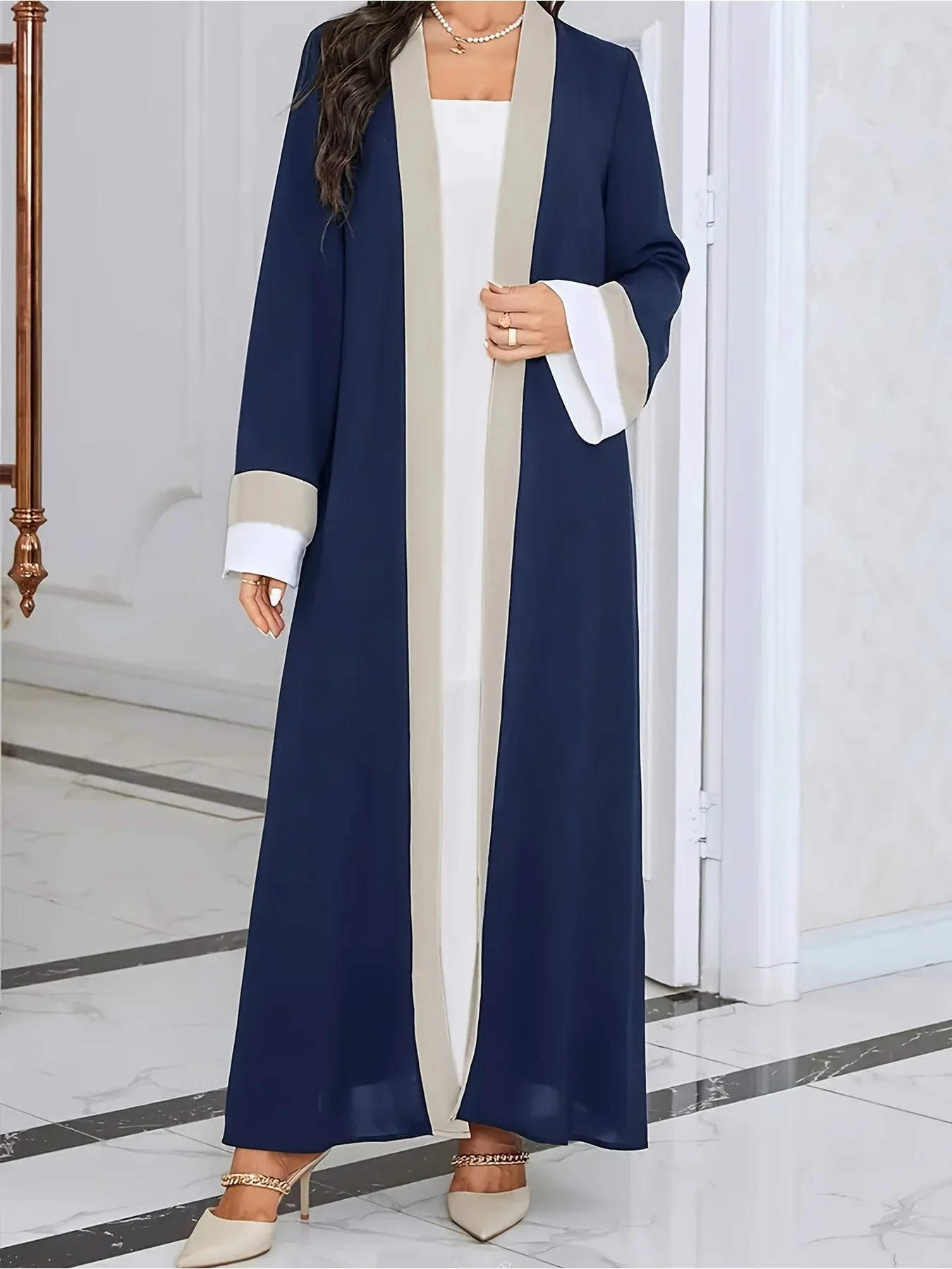 Women's Casual Elegant Ramadan Open-Neck Long-Sleeved Dress Color-Block Slim-Fit Extra-Long Fashionable Muslim Women's Wear