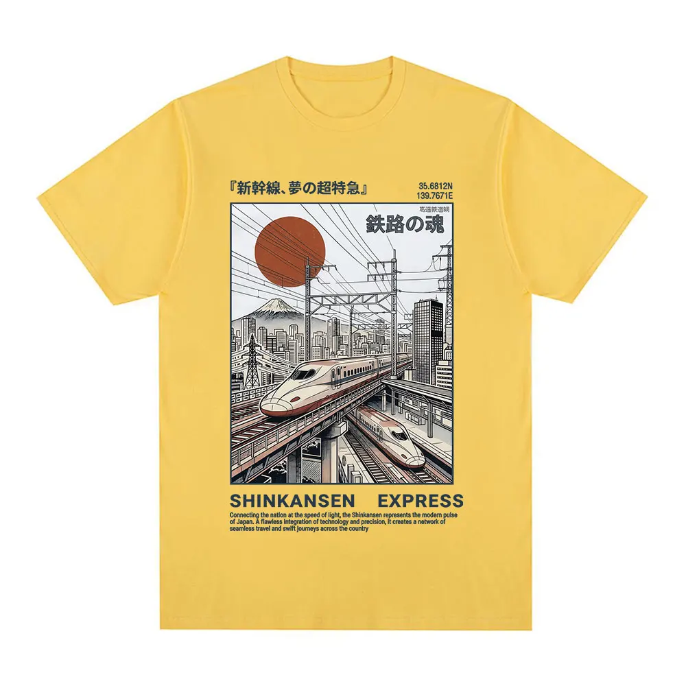 Shinkansen Express Train Illustration T-shirt Retro Japanese Style Rail Vintage Poster T shirt Short Sleeve Cotton Casual Tshirt