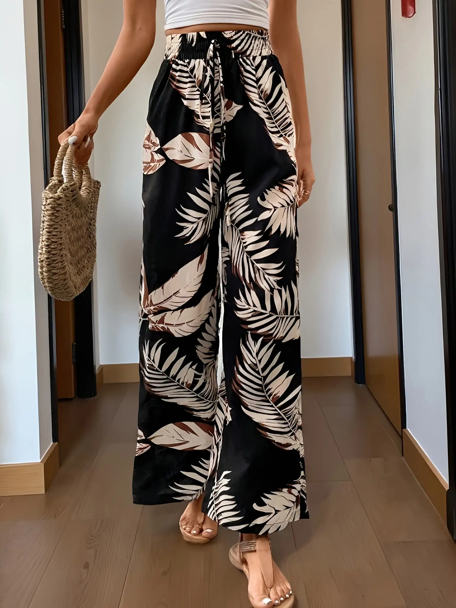 2026 Casual and Elegant Bohemian Style - Loose and Comfortable with Leaf Printed Wide Leg Elastic Waist Wide Leg Pants