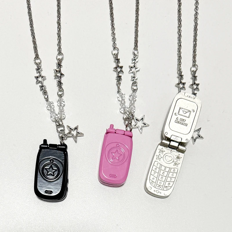 Punk 90s Aesthetic Pink Phone Pendant Necklace for Women Cartoon Goth Star Beads Pendant Y2K Necklace Jewelry Harajuku Fashion