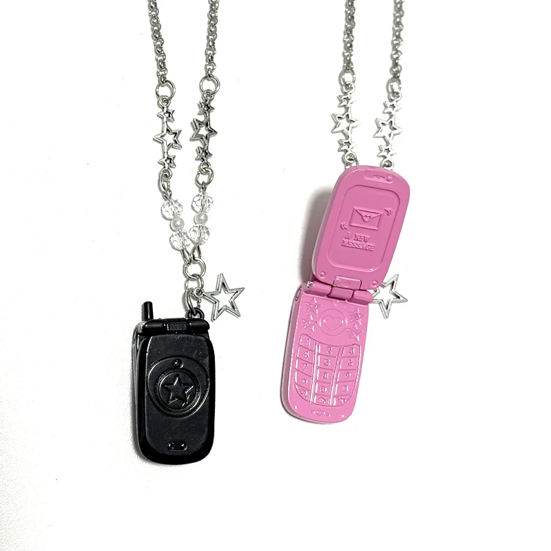 Punk 90s Aesthetic Pink Phone Pendant Necklace for Women Cartoon Goth Star Beads Pendant Y2K Necklace Jewelry Harajuku Fashion
