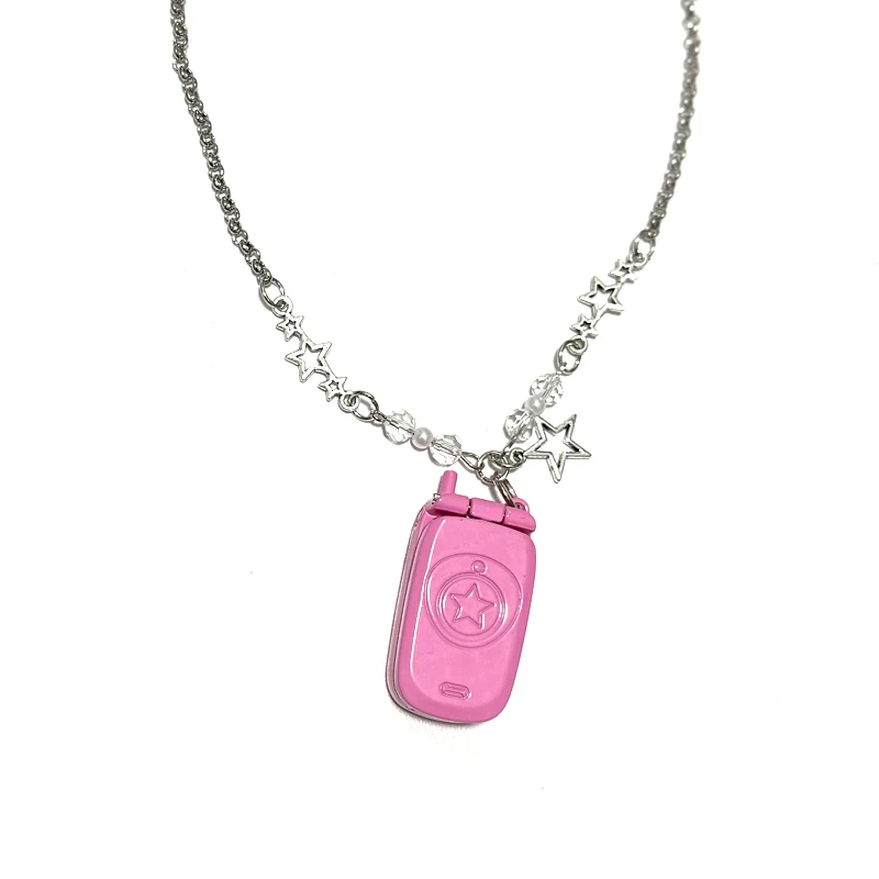 Punk 90s Aesthetic Pink Phone Pendant Necklace for Women Cartoon Goth Star Beads Pendant Y2K Necklace Jewelry Harajuku Fashion