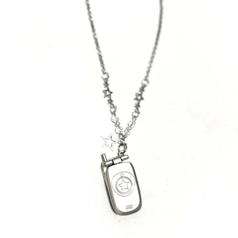 Punk 90s Aesthetic Pink Phone Pendant Necklace for Women Cartoon Goth Star Beads Pendant Y2K Necklace Jewelry Harajuku Fashion