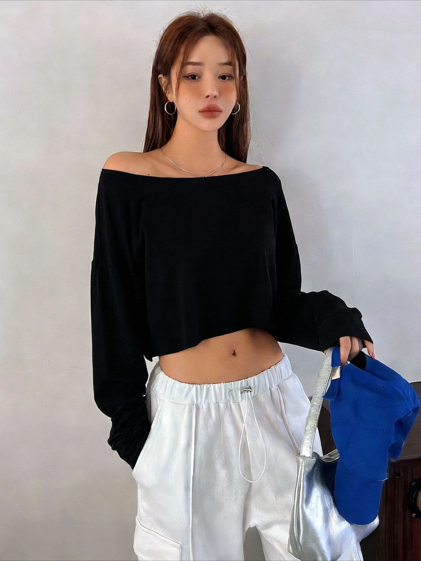Women Slash Neck Long Sleeve T-shirt Casual Solid Drop Sleeves Off Shoulder Crops Tees Elastic Loose Streetwear Club T-Shirts