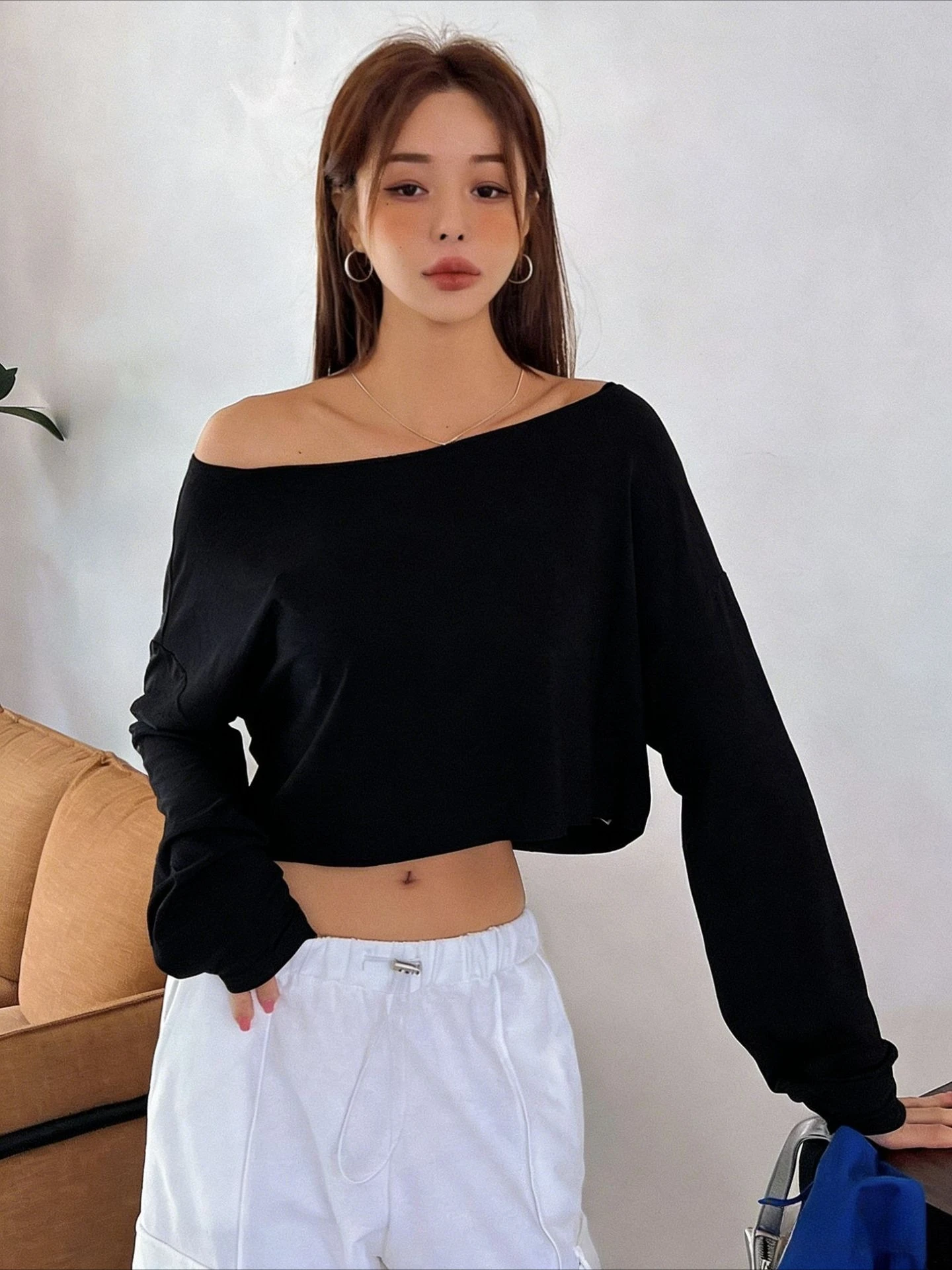Women Slash Neck Long Sleeve T-shirt Casual Solid Drop Sleeves Off Shoulder Crops Tees Elastic Loose Streetwear Club T-Shirts