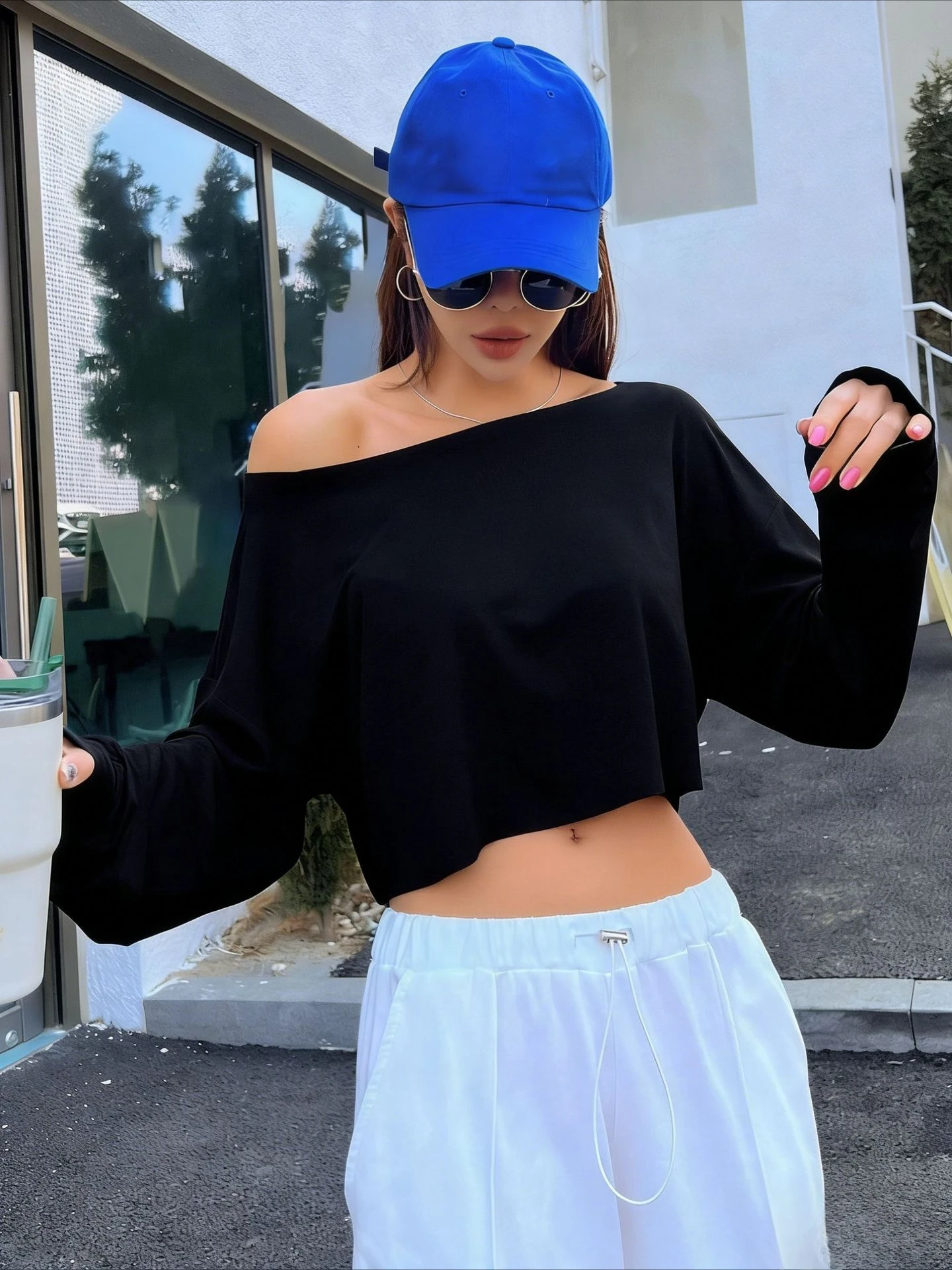 Women Slash Neck Long Sleeve T-shirt Casual Solid Drop Sleeves Off Shoulder Crops Tees Elastic Loose Streetwear Club T-Shirts