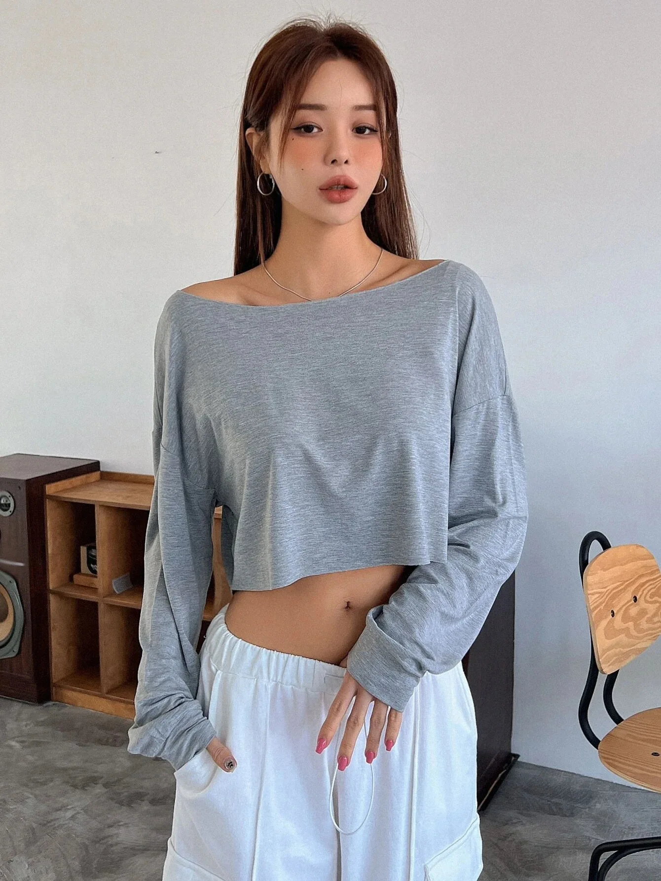 Women Slash Neck Long Sleeve T-shirt Casual Solid Drop Sleeves Off Shoulder Crops Tees Elastic Loose Streetwear Club T-Shirts