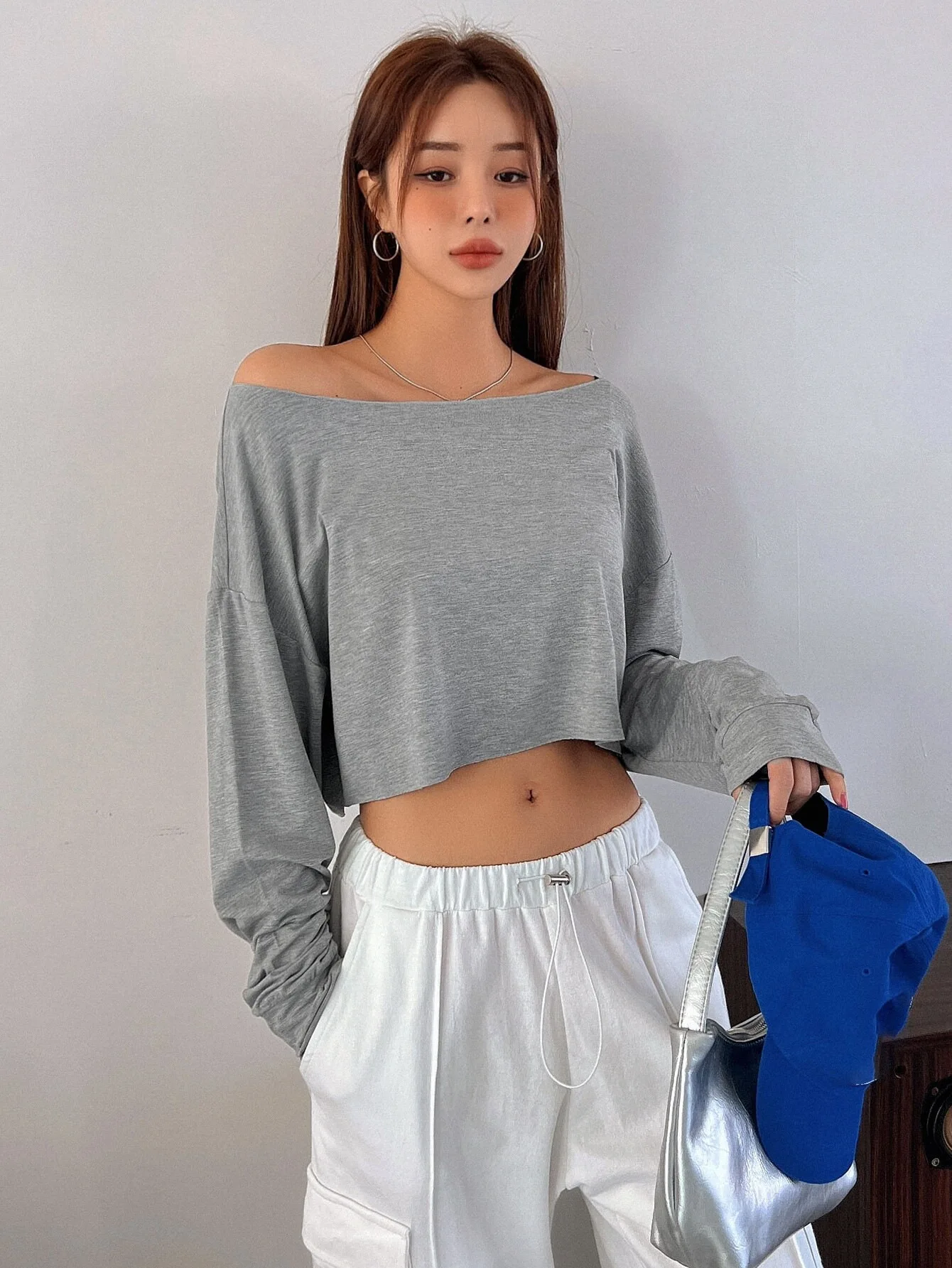 Women Slash Neck Long Sleeve T-shirt Casual Solid Drop Sleeves Off Shoulder Crops Tees Elastic Loose Streetwear Club T-Shirts