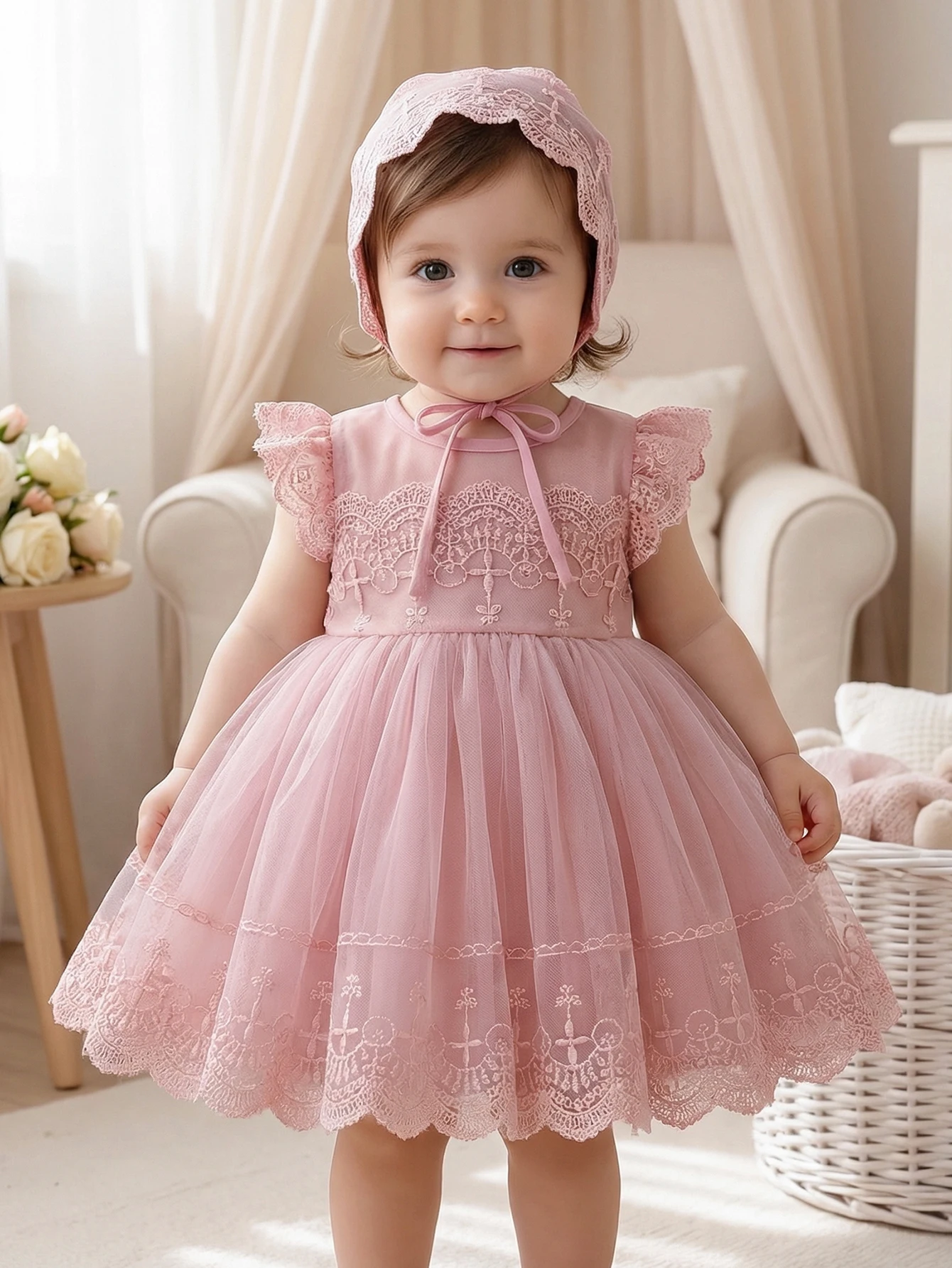 Baby Girl 0-2 Years Old Baby Wine Red Baptism Dress,Lace Net Skirt,Princess Dress,Wedding Flower Girl Dress,Birthday,With Hat