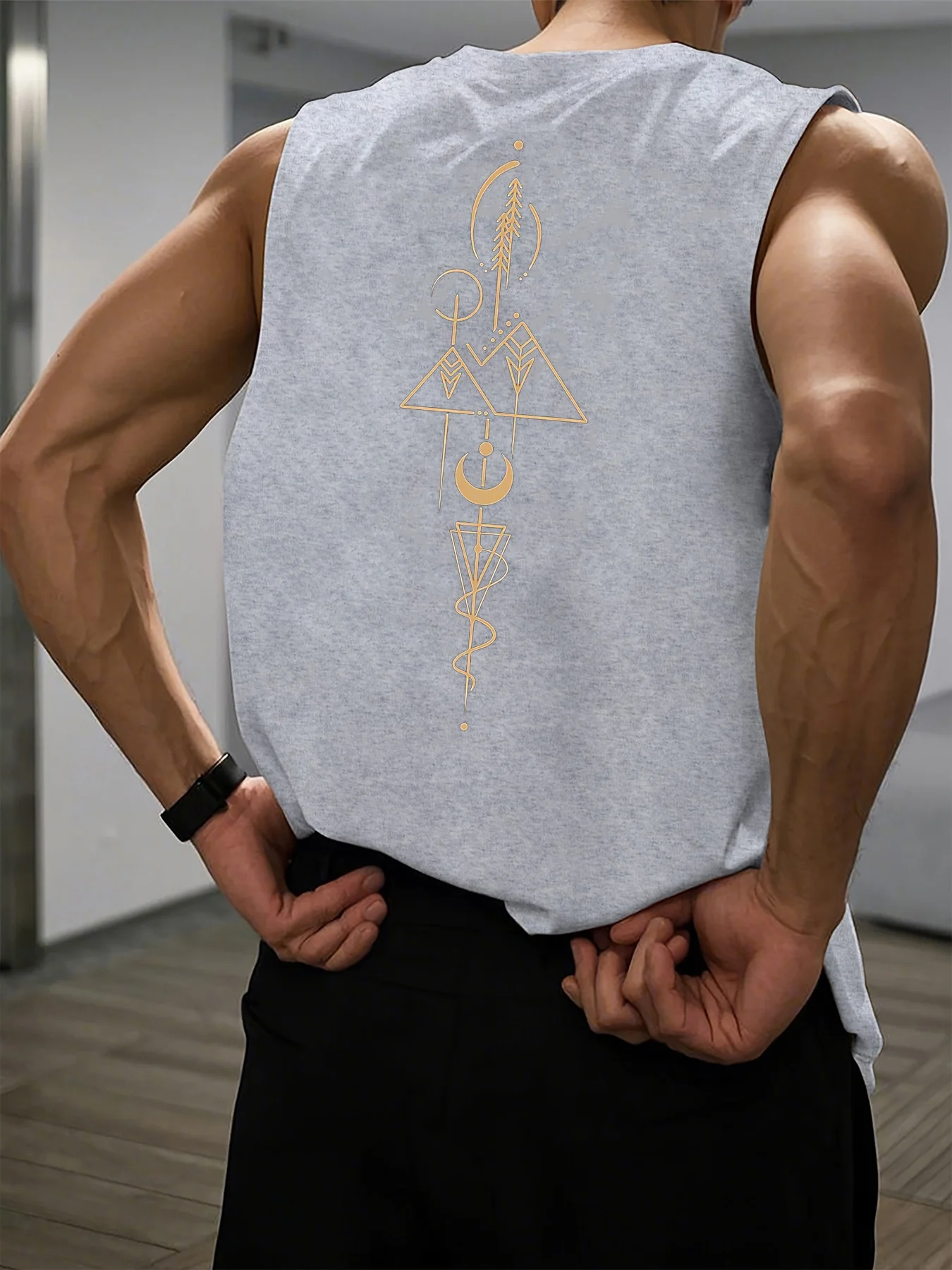 100% Pure Cotton Men's Summer Fashionable Casual Sports Loose Geometric Pattern Printed Breathable Round Neck Sleeveless Vest