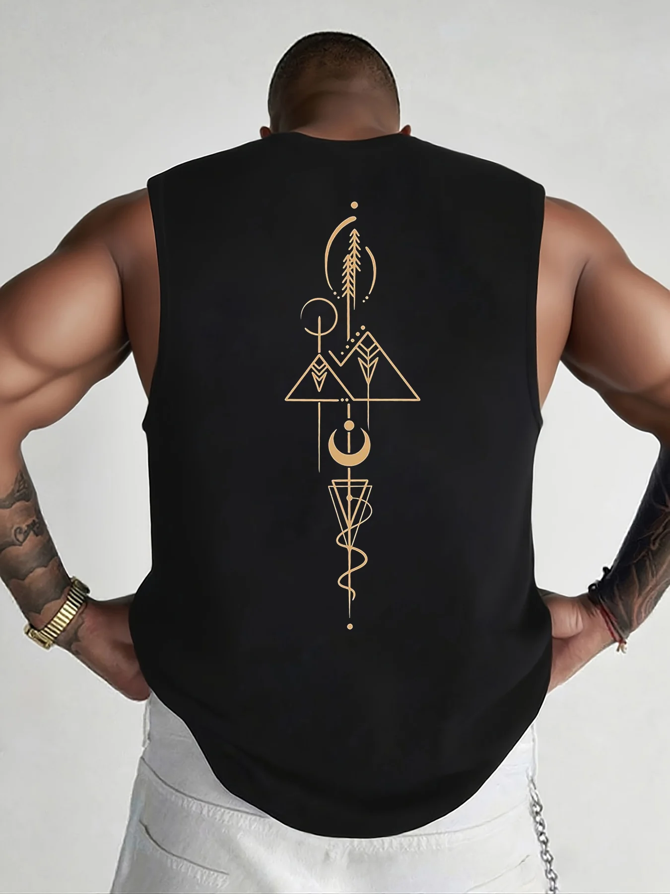 100% Pure Cotton Men's Summer Fashionable Casual Sports Loose Geometric Pattern Printed Breathable Round Neck Sleeveless Vest