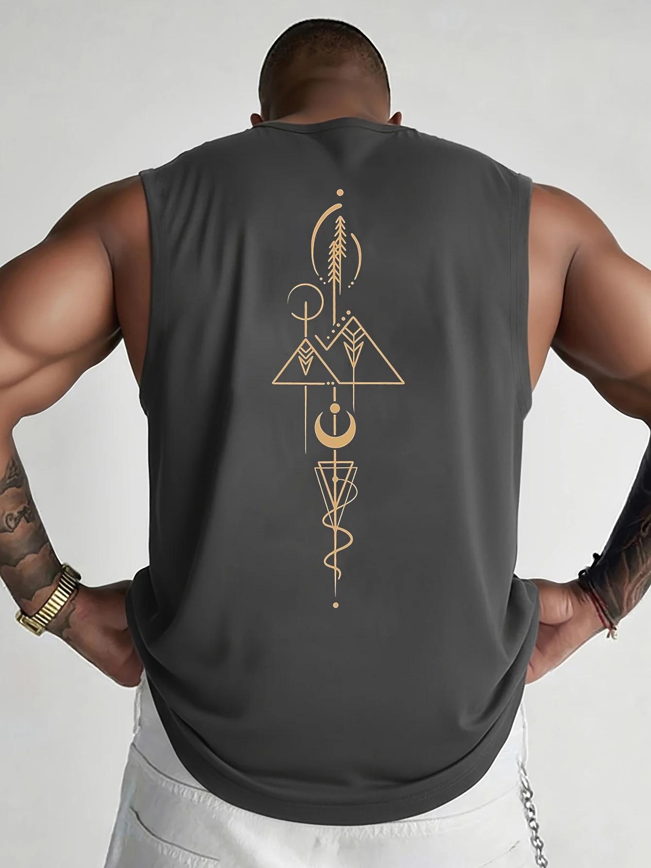 100% Pure Cotton Men's Summer Fashionable Casual Sports Loose Geometric Pattern Printed Breathable Round Neck Sleeveless Vest