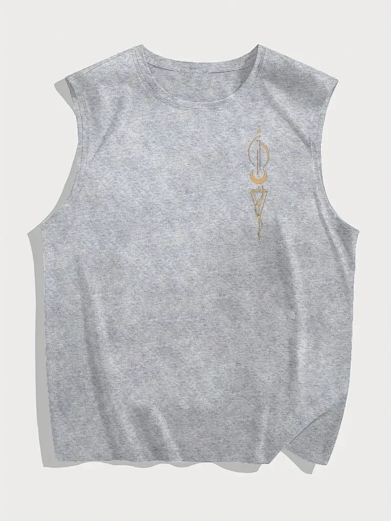 100% Pure Cotton Men's Summer Fashionable Casual Sports Loose Geometric Pattern Printed Breathable Round Neck Sleeveless Vest