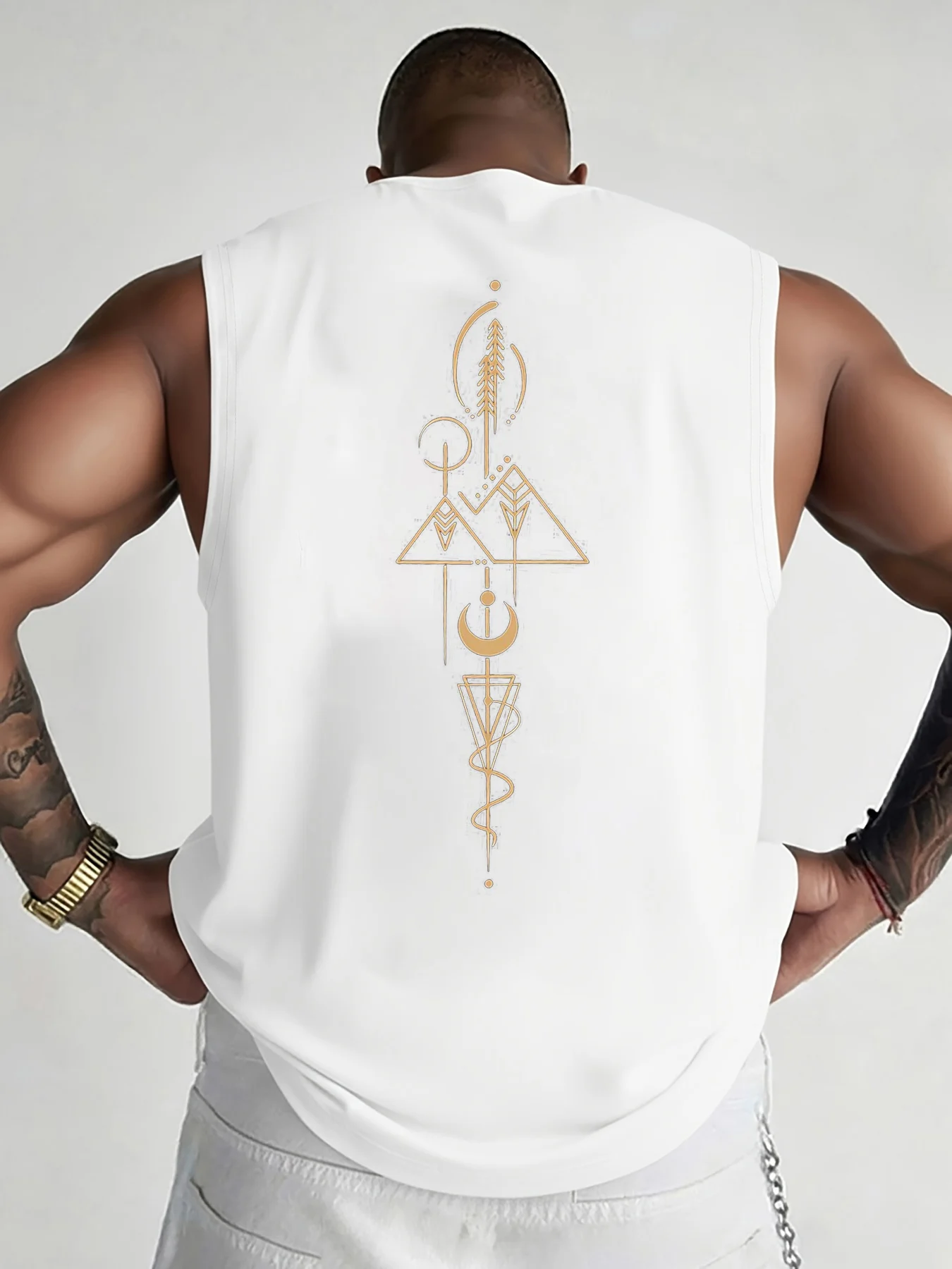 100% Pure Cotton Men's Summer Fashionable Casual Sports Loose Geometric Pattern Printed Breathable Round Neck Sleeveless Vest