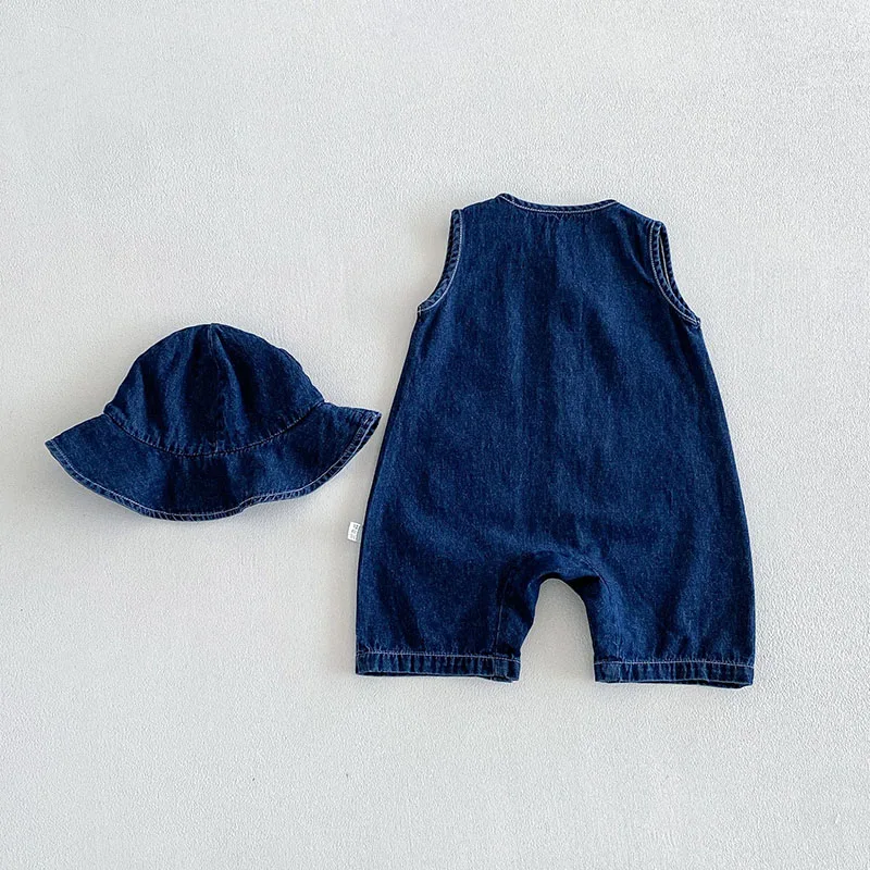 2026 Baby Summer Rompers 3-24M Loose Boys Clothes Thin Toddler One Piece Solid Color Girls Denim Overalls + Hat