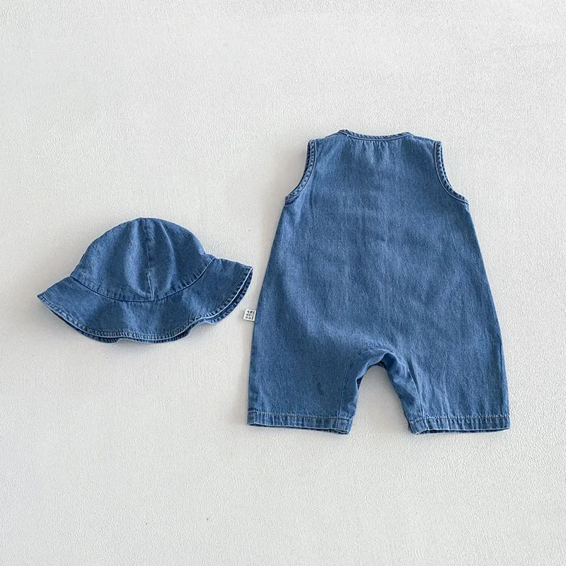 2026 Baby Summer Rompers 3-24M Loose Boys Clothes Thin Toddler One Piece Solid Color Girls Denim Overalls + Hat