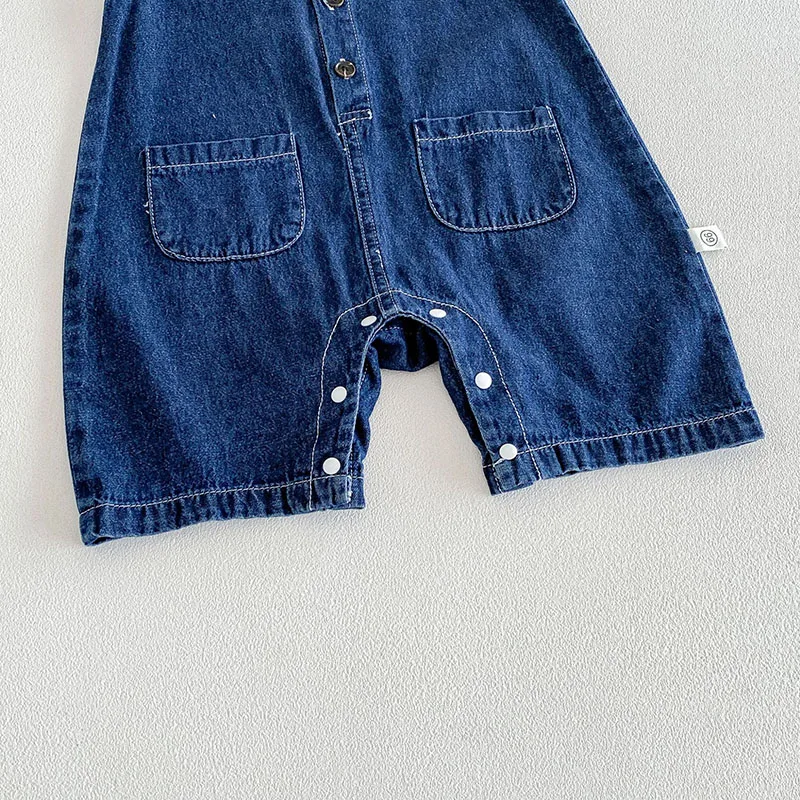 2026 Baby Summer Rompers 3-24M Loose Boys Clothes Thin Toddler One Piece Solid Color Girls Denim Overalls + Hat