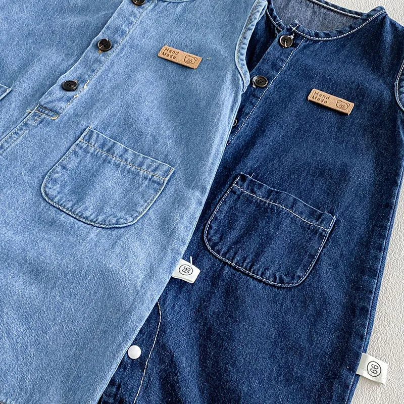 2026 Baby Summer Rompers 3-24M Loose Boys Clothes Thin Toddler One Piece Solid Color Girls Denim Overalls + Hat