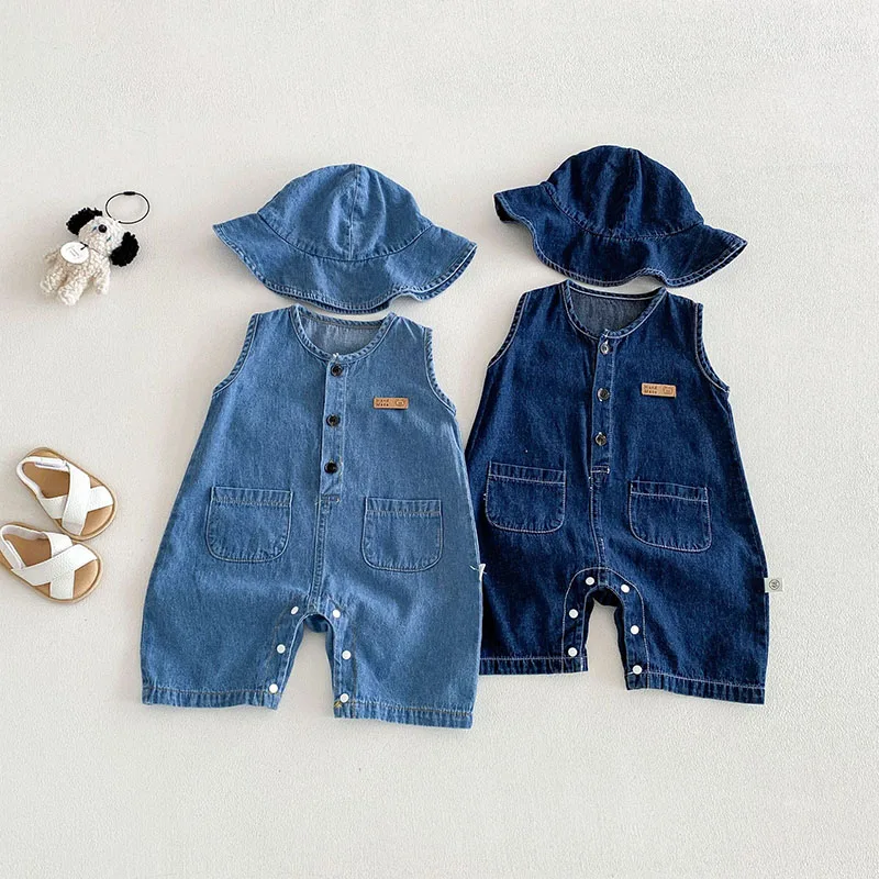 2026 Baby Summer Rompers 3-24M Loose Boys Clothes Thin Toddler One Piece Solid Color Girls Denim Overalls + Hat