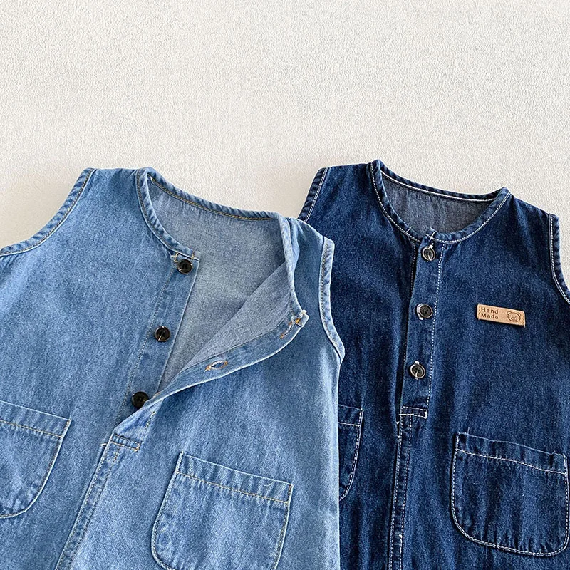 2026 Baby Summer Rompers 3-24M Loose Boys Clothes Thin Toddler One Piece Solid Color Girls Denim Overalls + Hat