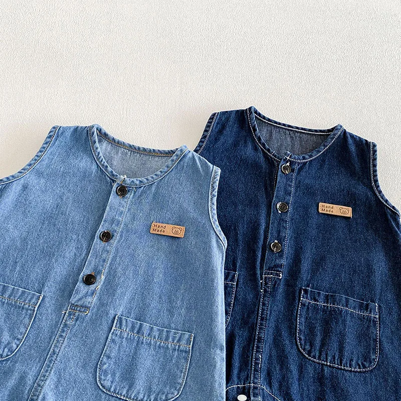 2026 Baby Summer Rompers 3-24M Loose Boys Clothes Thin Toddler One Piece Solid Color Girls Denim Overalls + Hat