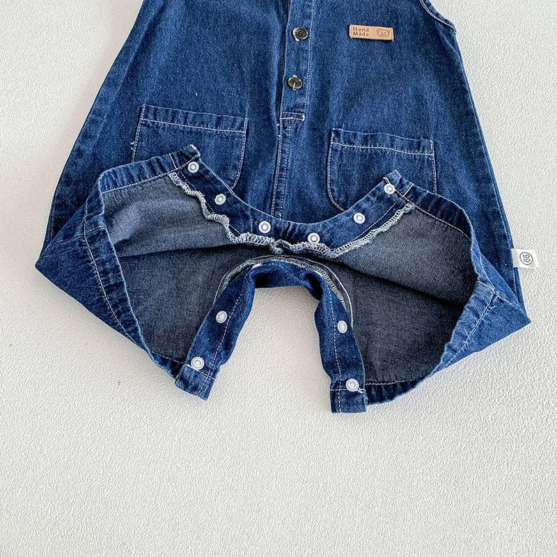 2026 Baby Summer Rompers 3-24M Loose Boys Clothes Thin Toddler One Piece Solid Color Girls Denim Overalls + Hat
