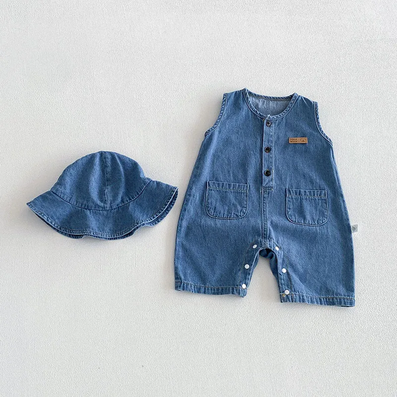2026 Baby Summer Rompers 3-24M Loose Boys Clothes Thin Toddler One Piece Solid Color Girls Denim Overalls + Hat