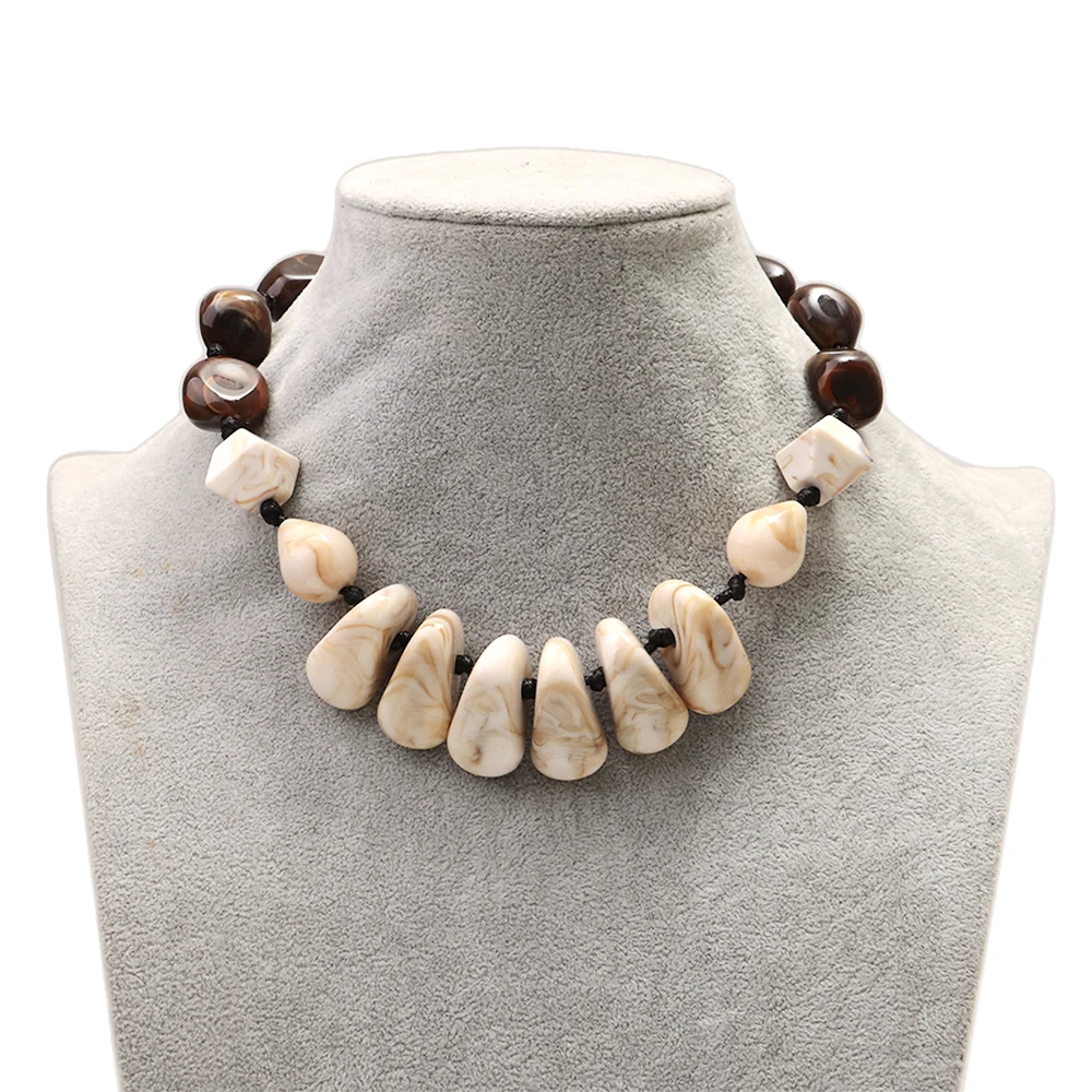 Statement Marbling Resin Geometric Beads Necklace for Women New Trendy Irregular Handmade Knotted Choker Retro Jewelry Gift