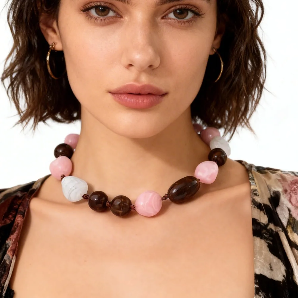 Statement Marbling Resin Geometric Beads Necklace for Women New Trendy Irregular Handmade Knotted Choker Retro Jewelry Gift