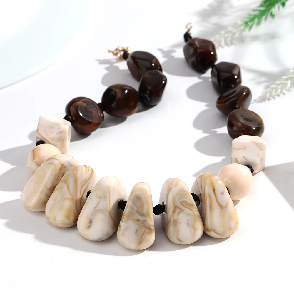 Statement Marbling Resin Geometric Beads Necklace for Women New Trendy Irregular Handmade Knotted Choker Retro Jewelry Gift