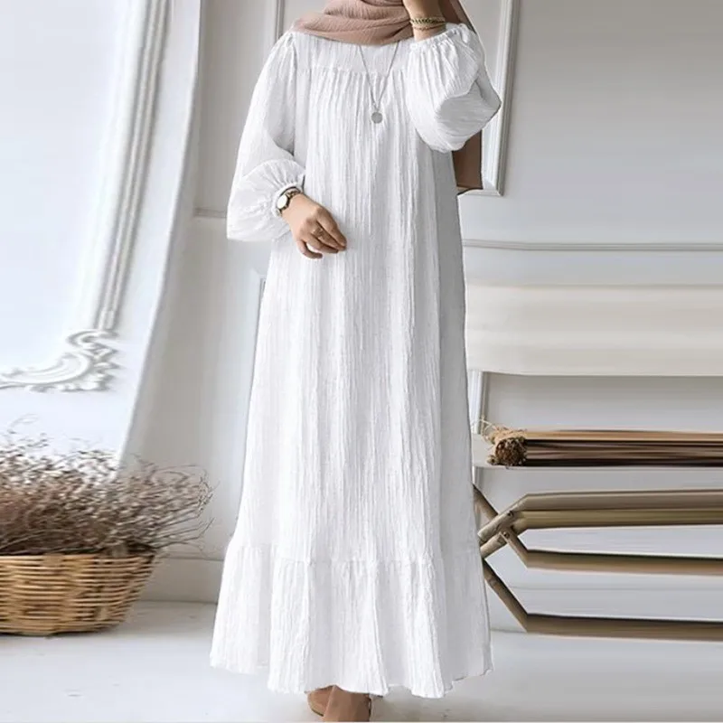 Women’s Spring-Summer Textured Long Sleeve Maxi Dress Round Neck, Ruffle Hem, Loose Fit, Casual Boho Style, Vacation Beach Wear