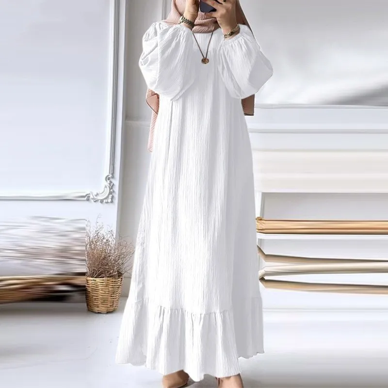 Women’s Spring-Summer Textured Long Sleeve Maxi Dress Round Neck, Ruffle Hem, Loose Fit, Casual Boho Style, Vacation Beach Wear