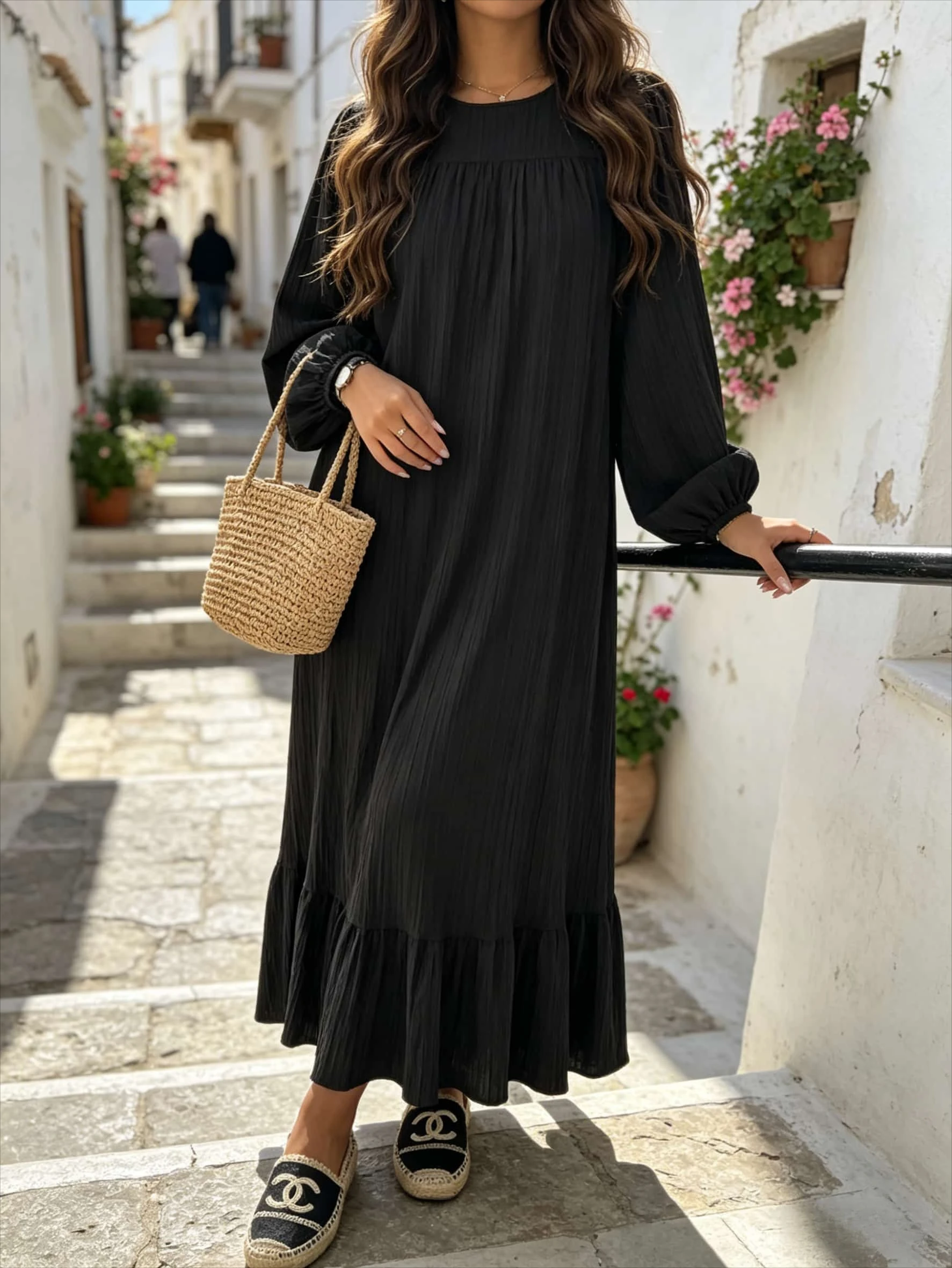 Women’s Spring-Summer Textured Long Sleeve Maxi Dress Round Neck, Ruffle Hem, Loose Fit, Casual Boho Style, Vacation Beach Wear