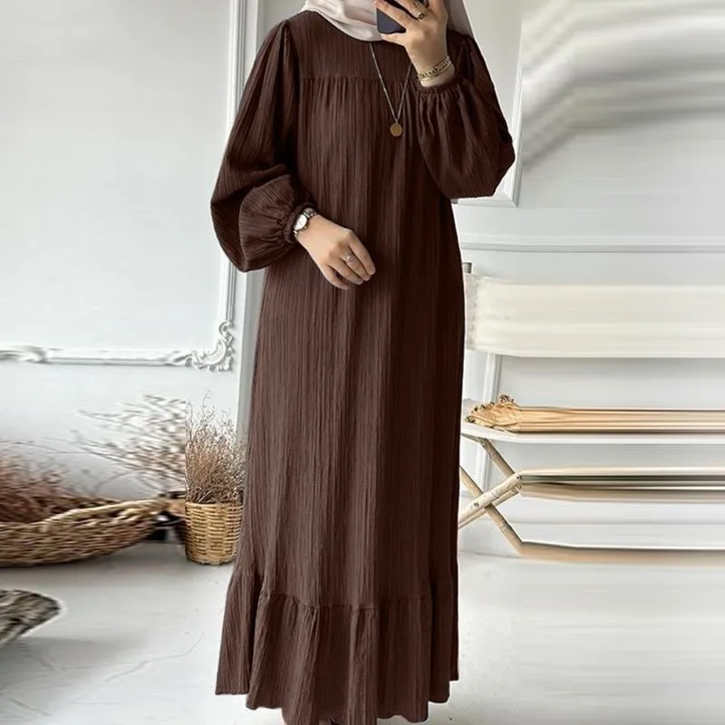 Women’s Spring-Summer Textured Long Sleeve Maxi Dress Round Neck, Ruffle Hem, Loose Fit, Casual Boho Style, Vacation Beach Wear