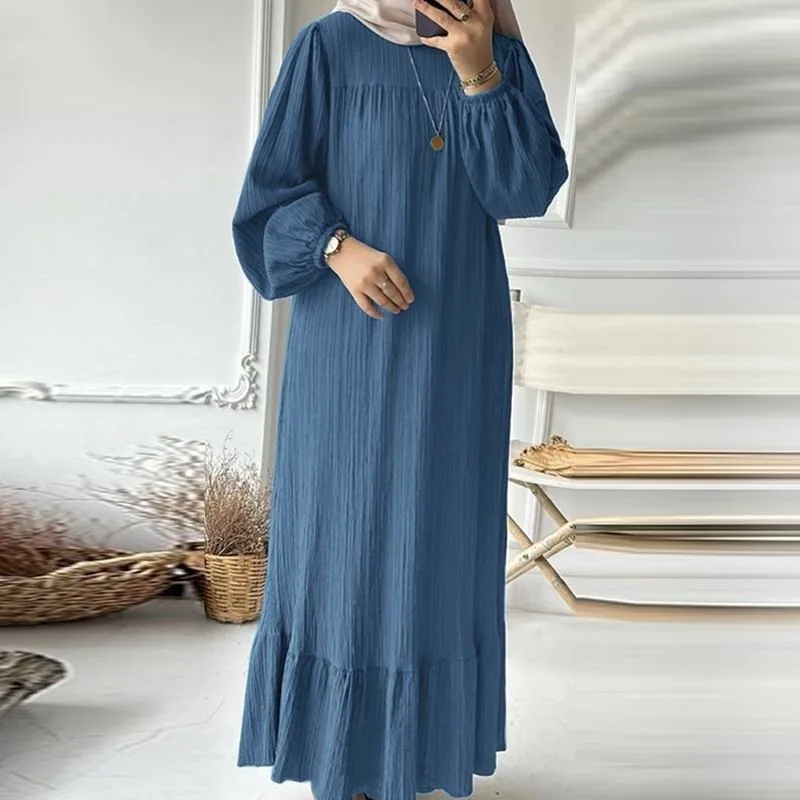 Women’s Spring-Summer Textured Long Sleeve Maxi Dress Round Neck, Ruffle Hem, Loose Fit, Casual Boho Style, Vacation Beach Wear