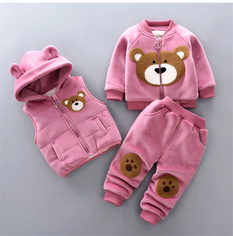Winter Baby Clothing Sets Autumn Boys Girls Thick Warm Suits Hooded Sweater Cartoon Cute Bear Three-Piece kids Outfits 0-4 Years