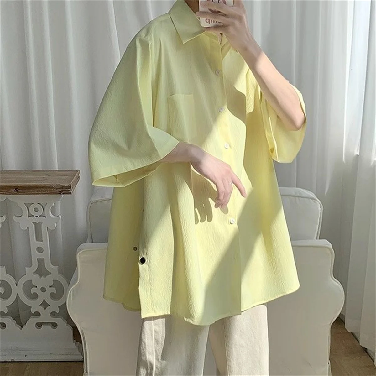 Solid Color Spring Summer Thin Shirts Short Sleeve Loose Turn-down Collar Button Handsome Fashion Casual Street Men's Clothing