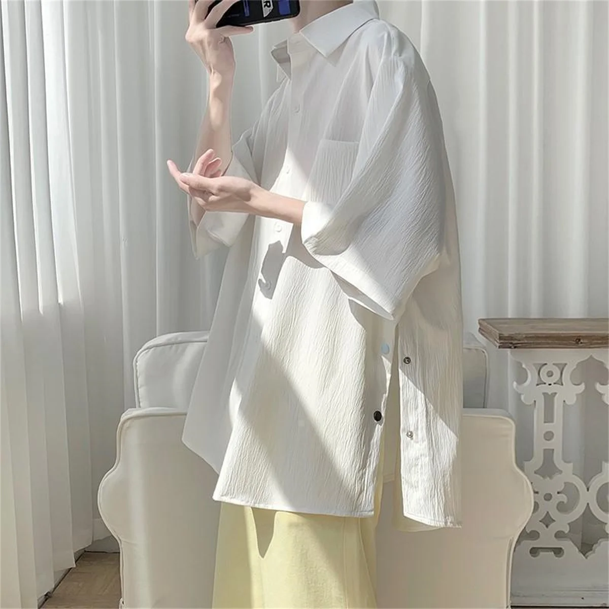 Solid Color Spring Summer Thin Shirts Short Sleeve Loose Turn-down Collar Button Handsome Fashion Casual Street Men's Clothing