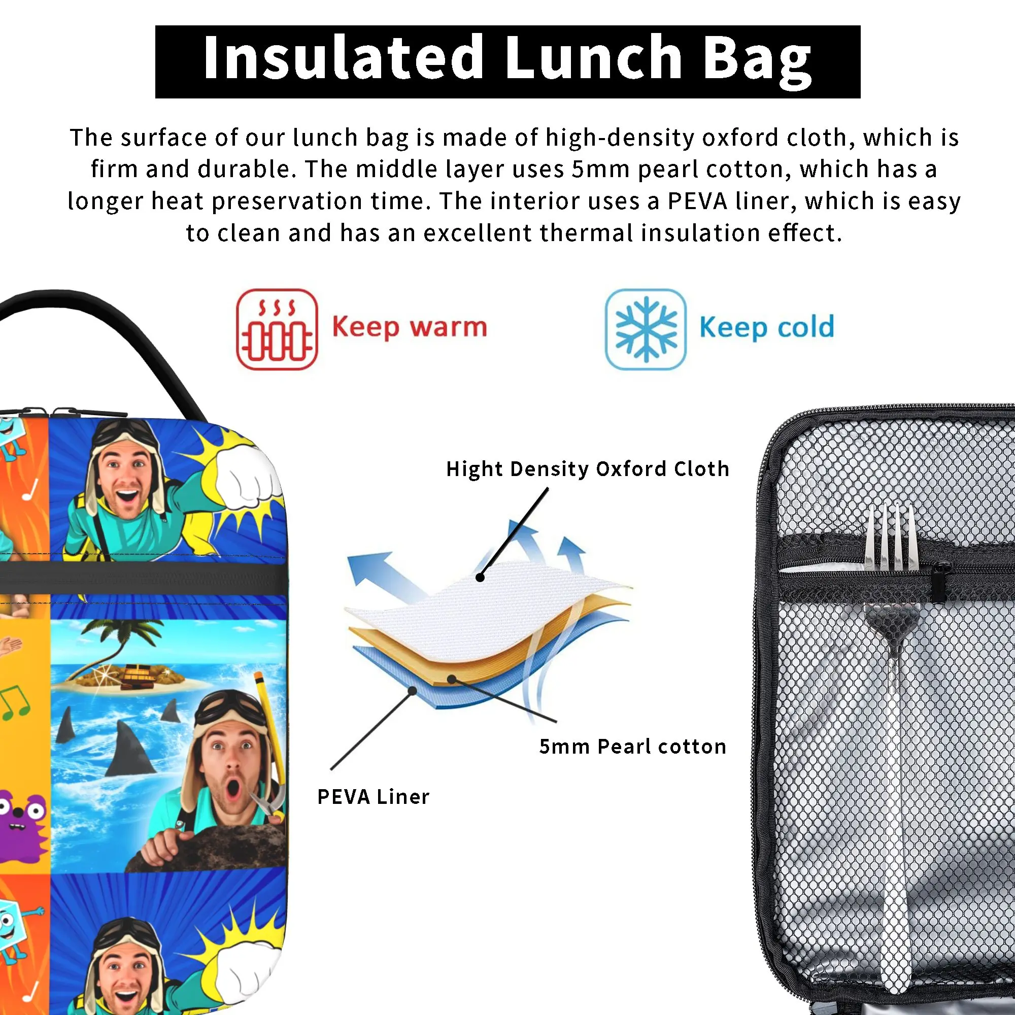 Danny Go Animated Programs Lunch Bag Cute Lunch Box Portable Zipper Thermal Lunch Bags For Men Waterproof Print Cooler Bag