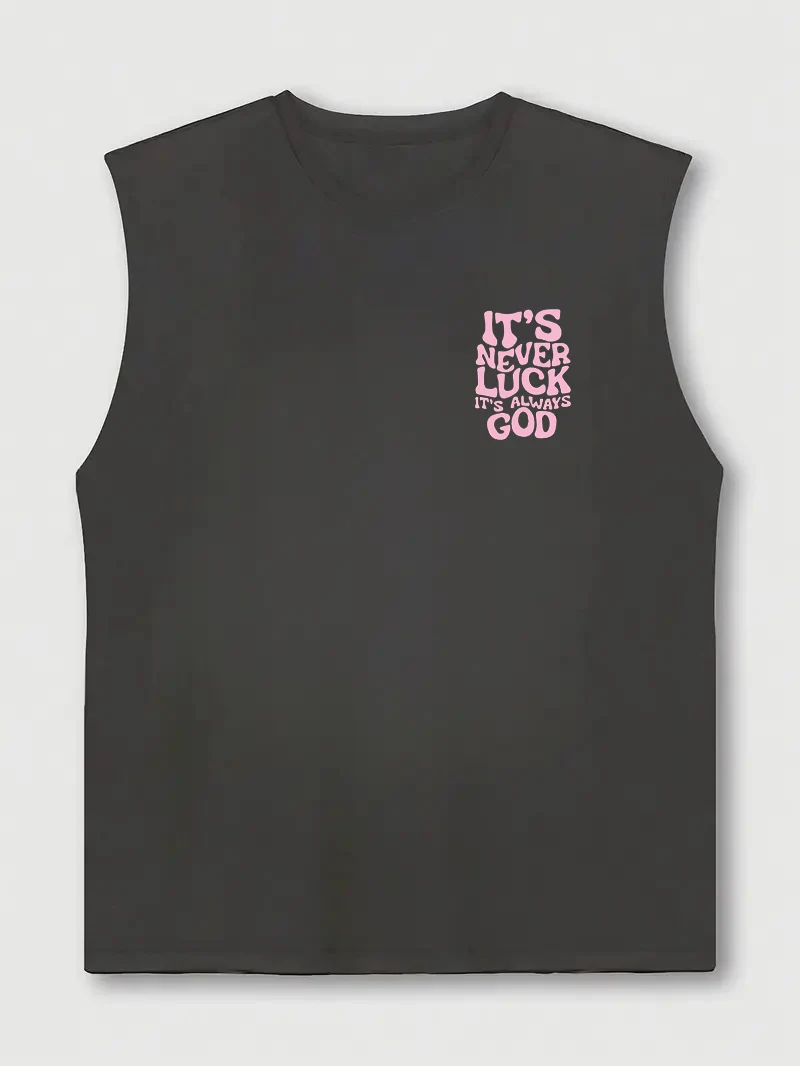 100% Pure Cotton Men's Summer Fashionable Casual Sports Loose God Luck Letter Printed Breathable Round Neck Sleeveless Vest