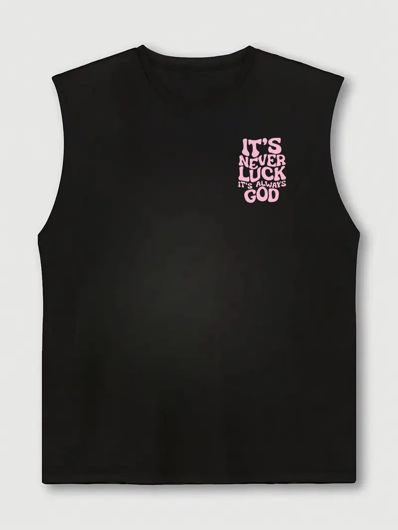 100% Pure Cotton Men's Summer Fashionable Casual Sports Loose God Luck Letter Printed Breathable Round Neck Sleeveless Vest