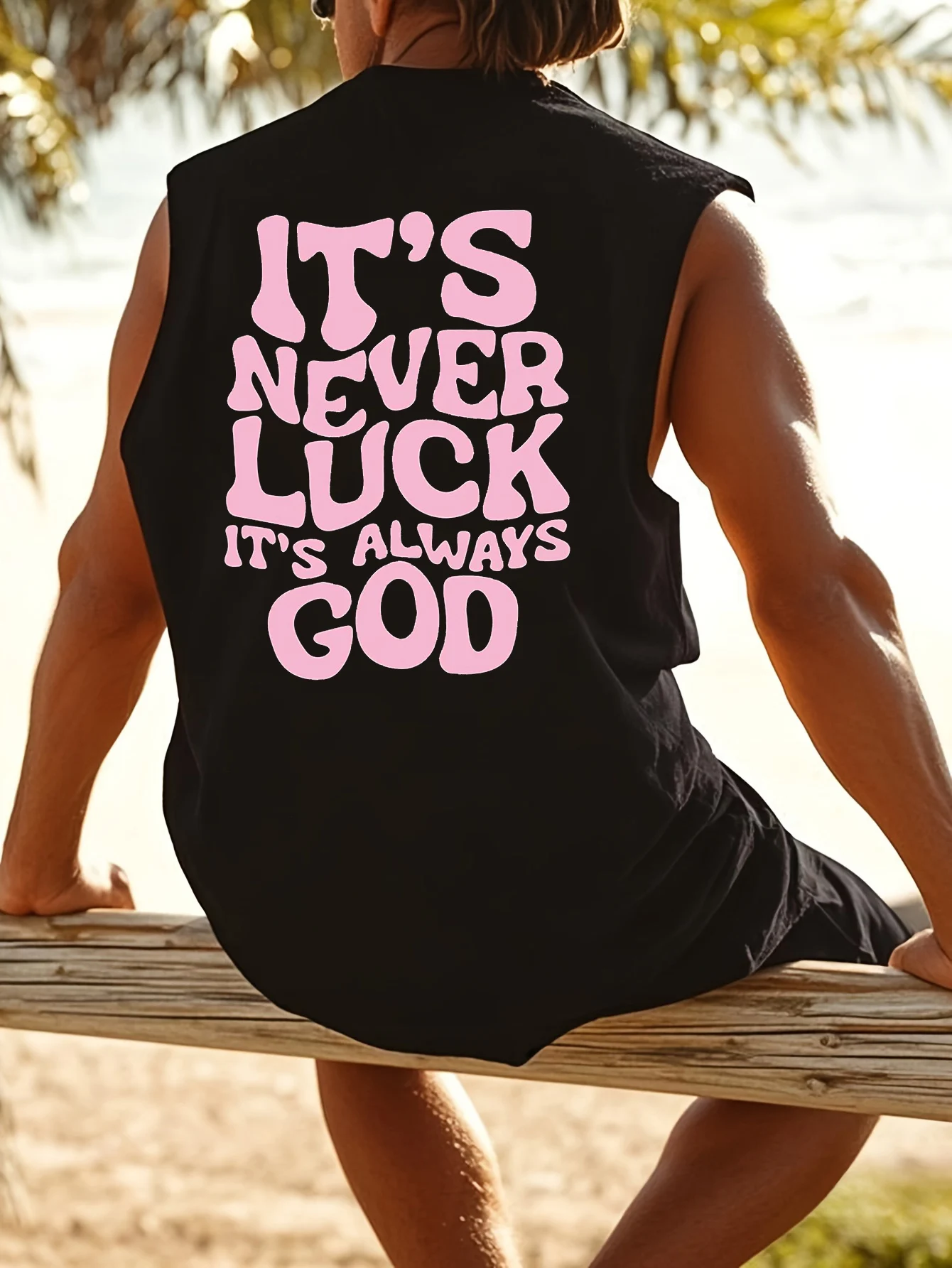 100% Pure Cotton Men's Summer Fashionable Casual Sports Loose God Luck Letter Printed Breathable Round Neck Sleeveless Vest