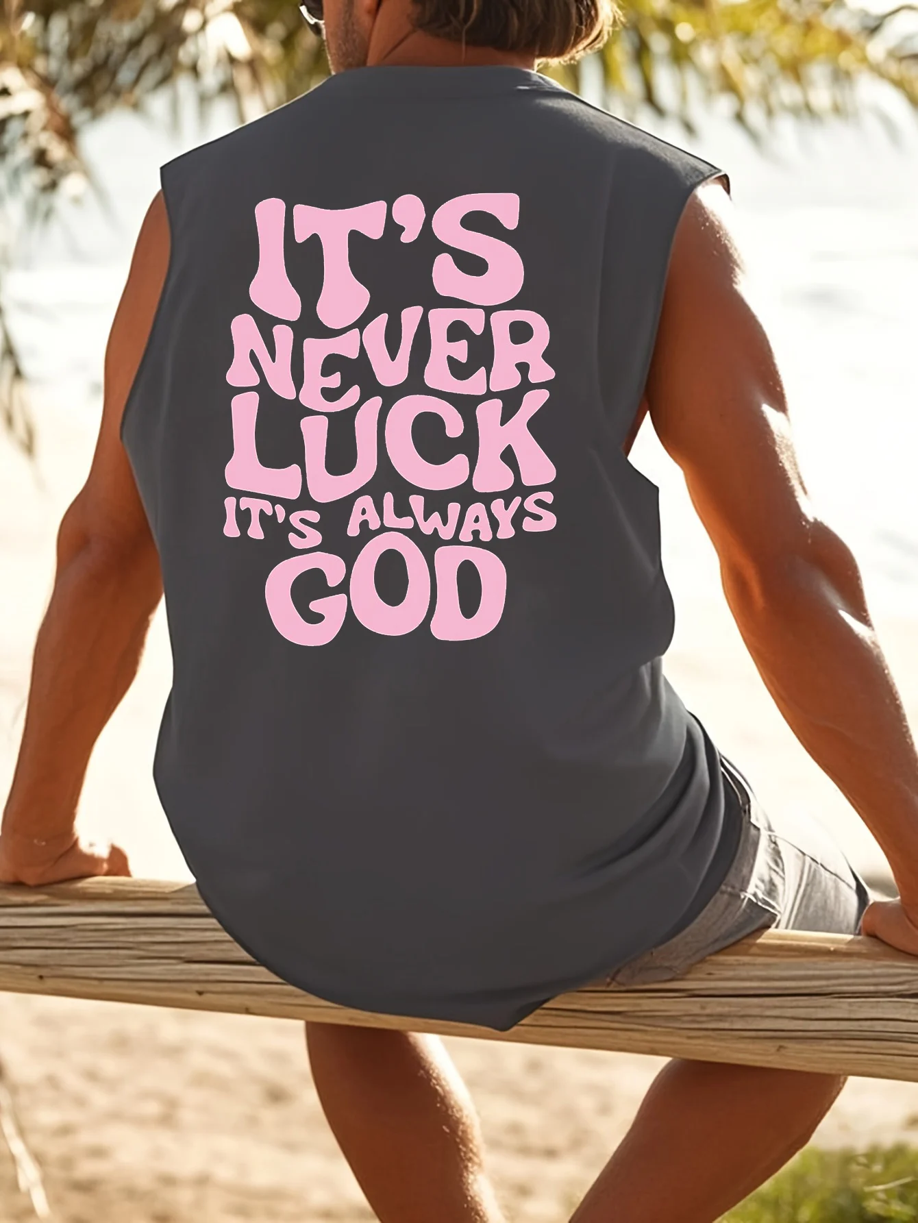 100% Pure Cotton Men's Summer Fashionable Casual Sports Loose God Luck Letter Printed Breathable Round Neck Sleeveless Vest