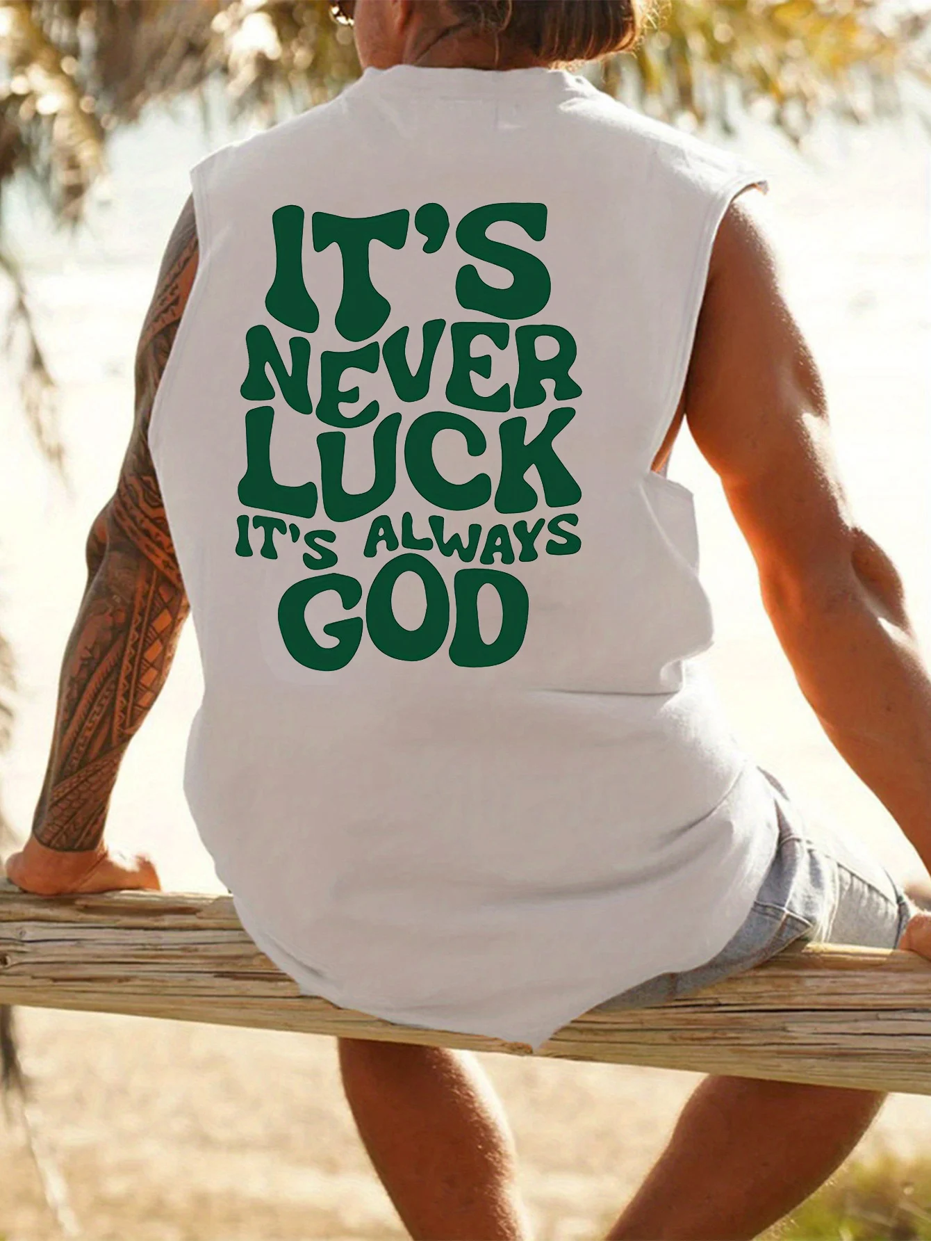 100% Pure Cotton Men's Summer Fashionable Casual Sports Loose God Luck Letter Printed Breathable Round Neck Sleeveless Vest