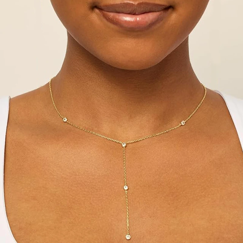 OXTAO 3.0mm Long Chain Moissanite Y Drop Necklace for Women Vintage Tassel Choker Necklace Aesthetics Jewelry 14K Gold Filled